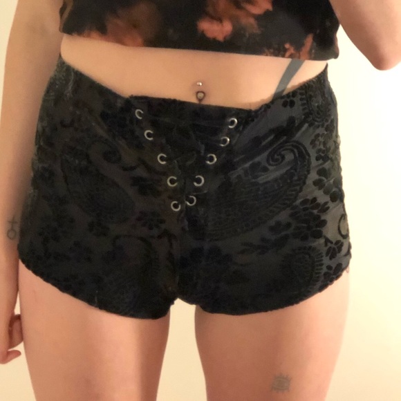 Velvet High Waist Lace Up Paisley Booty Shorts - Picture 2 of 3